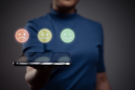 Woman showing tablet present feedback, reviews with five stars icon hologram effect.