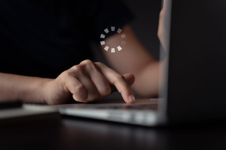 Woman using laptop present feedback, reviews with five stars icon hologram effect.