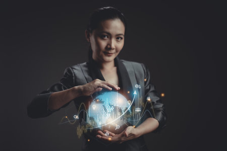 Asian woman voting and pressing angry face emoticon on virtual touch screen, isolated on background. Customer service satisfaction survey concept.の写真素材