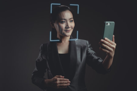 Asian woman voting and pressing angry face emoticon on virtual touch screen, isolated on background. Customer service satisfaction survey concept.の写真素材