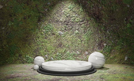 White marble podium on green moss background. 3d render illustration.の写真素材