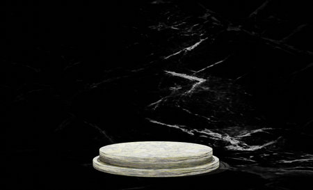 White marble podium on black marble background. 3d render illustration.の写真素材