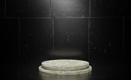 Product display podium on black ceramic tile background. 3D rendering.の写真素材