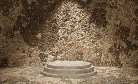 3d rendering of a podium in a stone room with a stone wallの写真素材