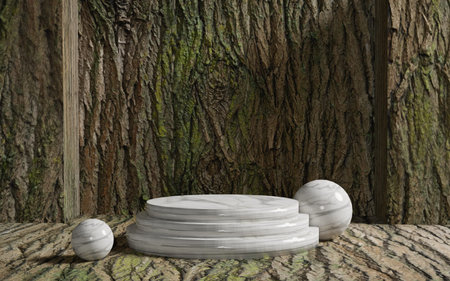 White marble podium on a background of tree bark. 3d renderingの写真素材