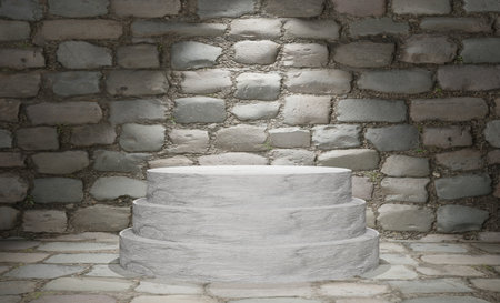 White stone pedestal on the background of stone wall. 3d renderingの写真素材