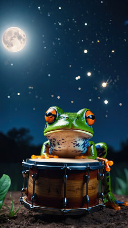 Cute green frog sitting on a drum with a moon in the backgroundの素材