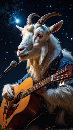 Close-up portrait of a goat with a guitar on the background of the night sky.の素材
