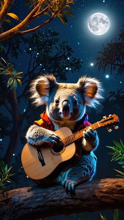 Koala playing guitar and singing a song in the night forest.の素材