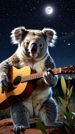 Cute koala playing guitar and singing at night. Mixed mediaの素材