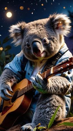 Koala playing guitar and singing in the night forest, Australia.の素材