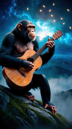 Chimpanzee with guitar on a rock in the mountains.の素材