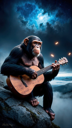 Chimpanzee with guitar sitting on a rock and playing guitarの素材