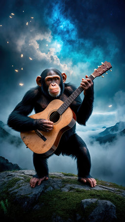 Chimpanzee with guitar in the mountains. Collage.の素材
