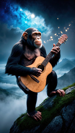 Chimpanzee with guitar sitting on a rock and playing guitarの素材