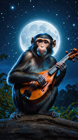 Monkey playing violin in front of the full moon on the night skyの素材