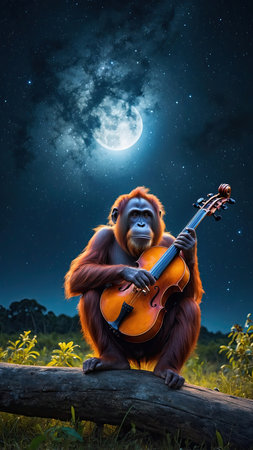 Orangutan playing violin in front of the full moon at nightの素材