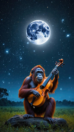 Orangutan playing violin against full moon in the night sky.の素材