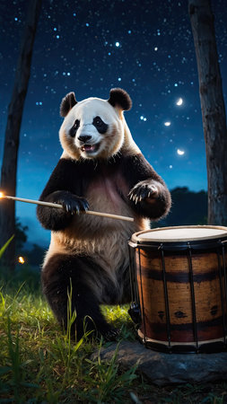 Giant panda sitting on bamboo and playing drums in the night forestの素材