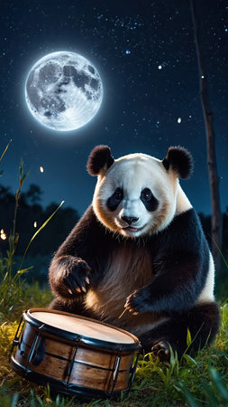 A giant panda bear sits on the grass under the full moon.の素材
