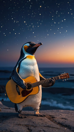 Penguin playing guitar on a rock in the wild at sunsetの素材