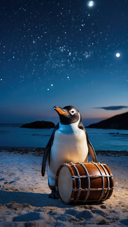 Gentoo penguin and drum on the beach at night.の素材