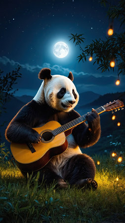 Panda playing guitar in the moonlight. Cute panda bear sitting on the grass with a guitar.の素材