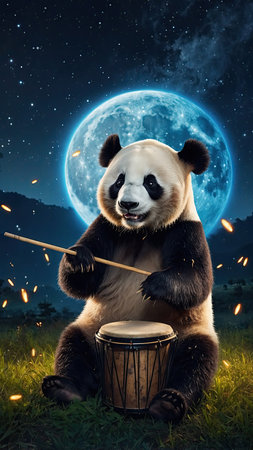 Panda sitting on the grass and playing the drum against the background of the moonの素材