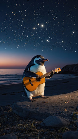 Penguin playing the guitar on the beach at night in Antarcticaの素材