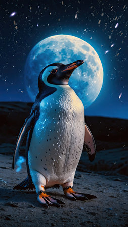 Penguin with full moon in the background. 3d renderingの素材