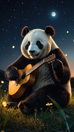 A giant panda with a guitar sitting on the grass in the moonlightの素材
