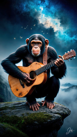 Chimpanzee with guitar on the rock. Music background.の素材