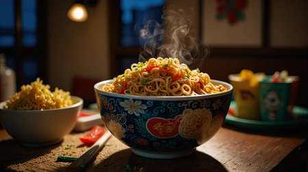 Instant noodles in a bowl on a wooden table. Selective focus.の素材