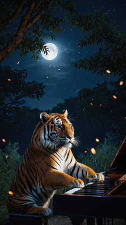 The tiger is playing the piano at night. The tiger is looking at the moon.の素材