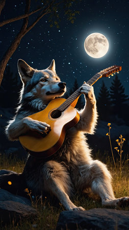 The wolf playing guitar in the forest at night with full moon.の素材