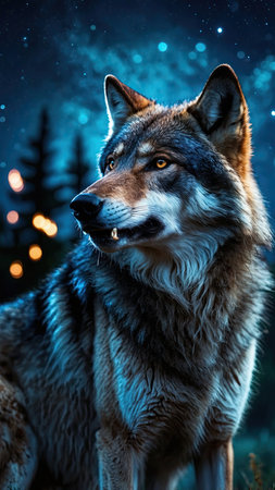 Portrait of a wolf in the night forest. Animal portrait.の素材