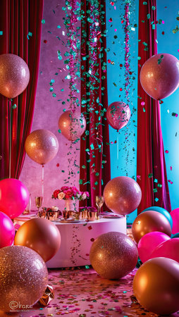 Birthday party with cake and balloons, confetti and red curtainsの素材