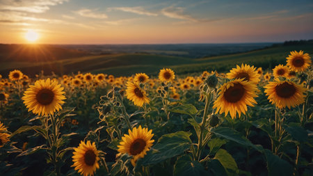 Sunflower field at sunset. Beautiful summer landscape with sunflowers.の素材