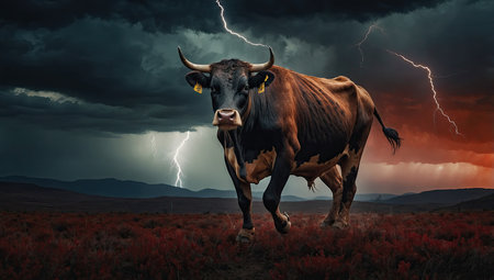Black bull in the field. Dramatic stormy sky. 3d renderingの素材