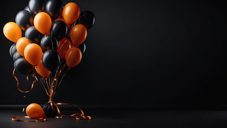 Black and orange balloons on a black background. Space for text.の素材