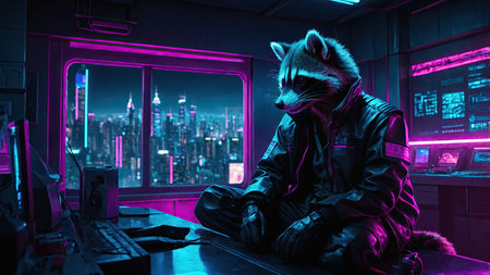 Futuristic cyberpunk style portrait of a raccoon sitting in front of a computer monitor with a city viewの素材