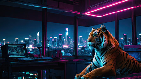 The tiger is sitting in front of the computer monitor and looking at the night city.の素材