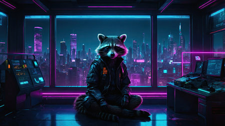 Portrait of a raccoon sitting on the floor and looking at the cityの素材