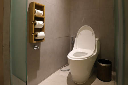 White water closet inside toilet room wall side hang with toilet paperの写真素材