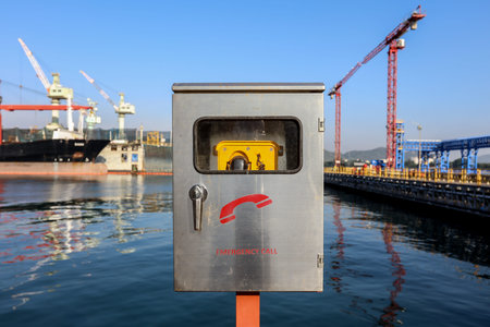 Emergency telephone yellow color cover by stainless steel box with handle, background are quayside...