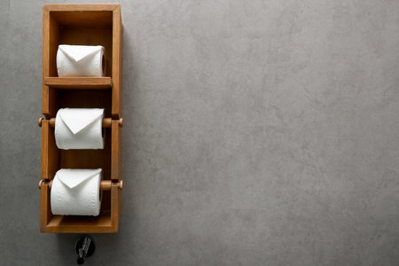 Tissue three rolls white color put and hang on wooden hanger toilet wall gray