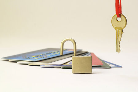 padlock and key front credit cardsの写真素材