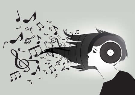 Conceptual background of a woman's vinyl head , hair turning into musical notesのイラスト素材