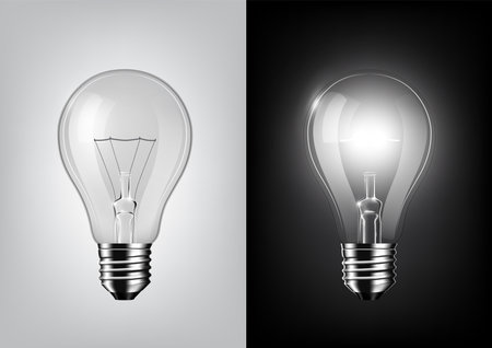 Turned off light bulb and glowing light bulb on black and white background.のイラスト素材