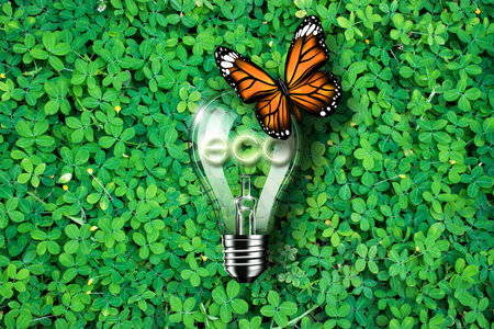 Glowing eco text in light bulb being on green grass background and monarch butterfly , concept idea, 3d illustrationの写真素材
